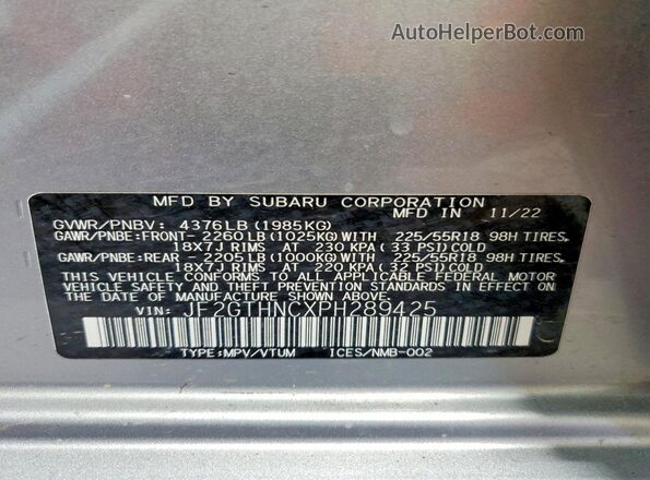 JF2GTHNCXPH289425 2023 SUBARU CROSSTREK Silver VIN sticker view