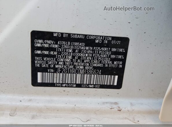 JF2GTHRC0MH386624 2021 SUBARU CROSSTREK White Շարժիչի բաժամունքի տեսք