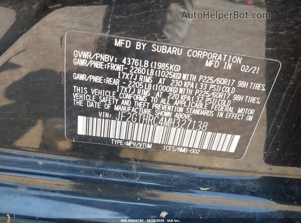 JF2GTHRC4MH327138 2021 SUBARU CROSSTREK Black Vista del compartimento del motor