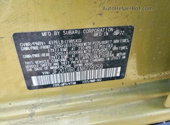 JF2GTHRC4NH229759 2022 SUBARU CROSSTREK Green 