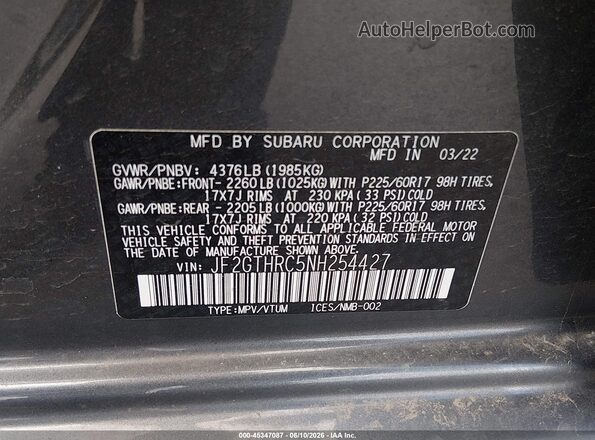 JF2GTHRC5NH254427 2022 SUBARU CROSSTREK Gray Engine compartment view