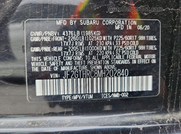 JF2GTHRC8MH202840 2021 SUBARU CROSSTREK Black VIN կոդի պիտակի տեսք