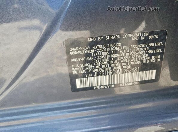 JF2GTHRC9MH262481 2021 SUBARU CROSSTREK Gray VIN կոդի պիտակի տեսք