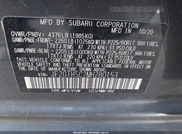 JF2GTHSC2MH280153 2021 SUBARU CROSSTREK Gray Շարժիչի բաժամունքի տեսք