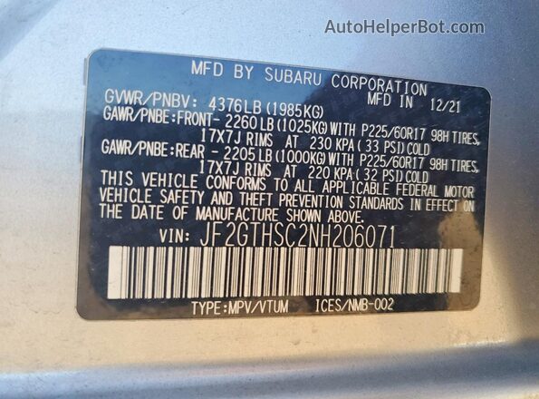 JF2GTHSC2NH206071 2022 SUBARU CROSSTREK Silver Շարժիչի բաժամունքի տեսք