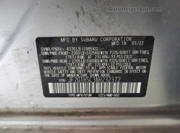 JF2GTHSC3NH232372 2022 SUBARU CROSSTREK Silver Widok naklejki z numerem VIN