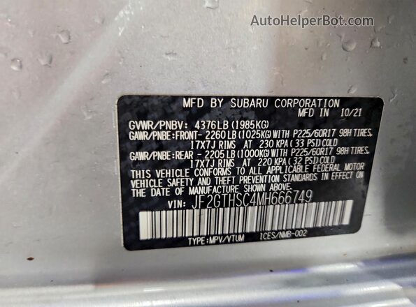 JF2GTHSC4MH666749 2021 SUBARU CROSSTREK Silver Vista de la etiqueta del VIN