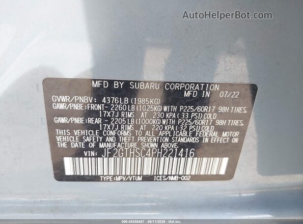 JF2GTHSC4PH221416 2023 SUBARU CROSSTREK Blue Vista del compartimento del motor