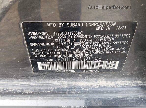 JF2GTHSC5NH211345 2022 SUBARU CROSSTREK Серый Вид подкапотного пространства