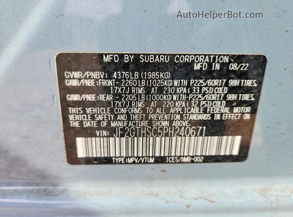 JF2GTHSC5PH240671 2023 SUBARU CROSSTREK Синий Вид наклейки с VIN-кодом