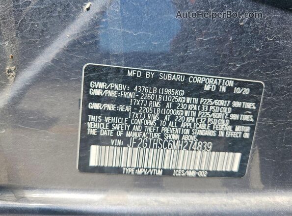 JF2GTHSC6MH274839 2021 SUBARU CROSSTREK Gray 