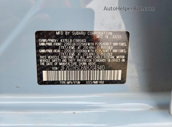 JF2GTHSC6NH204940 2022 SUBARU CROSSTREK Blue VIN կոդի պիտակի տեսք