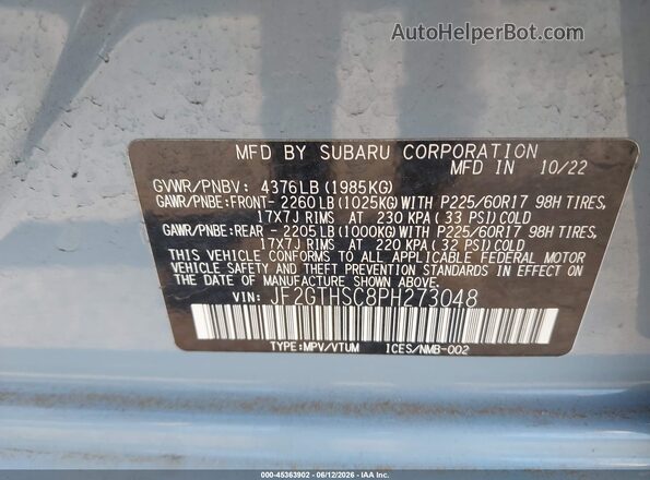 JF2GTHSC8PH273048 2023 SUBARU CROSSTREK Gray Շարժիչի բաժամունքի տեսք