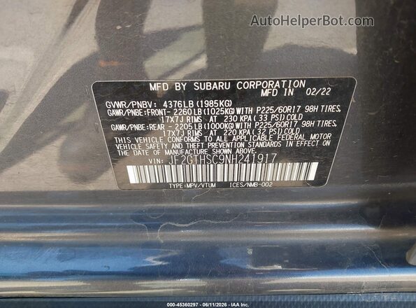 JF2GTHSC9NH241917 2022 SUBARU CROSSTREK Gray Engine compartment view