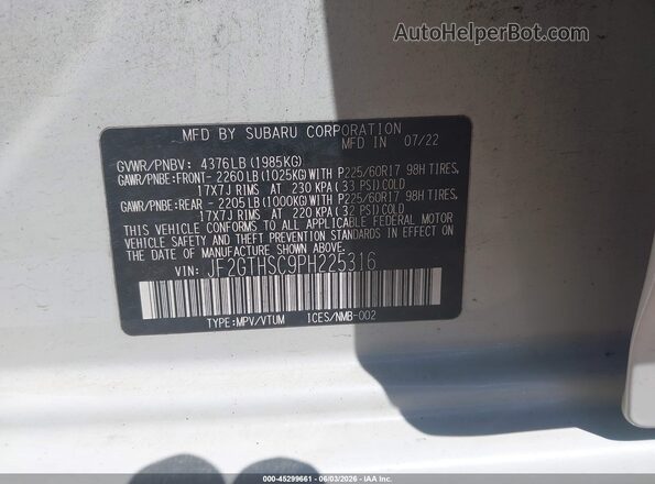 JF2GTHSC9PH225316 2023 SUBARU CROSSTREK White Вид підкапотного простору