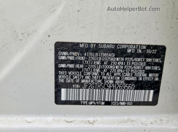 JF2GTHSC9PH269560 2023 SUBARU CROSSTREK White VIN sticker view