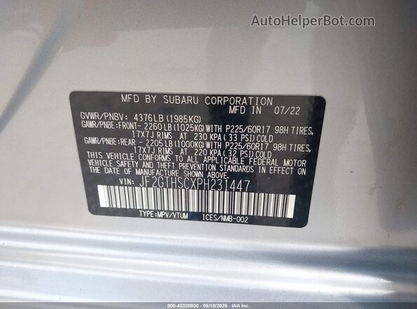 JF2GTHSCXPH231447 2023 SUBARU CROSSTREK Silver Вид підкапотного простору