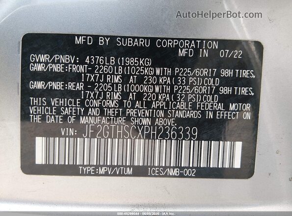 JF2GTHSCXPH236339 2023 SUBARU CROSSTREK Silver Vista del compartimento del motor