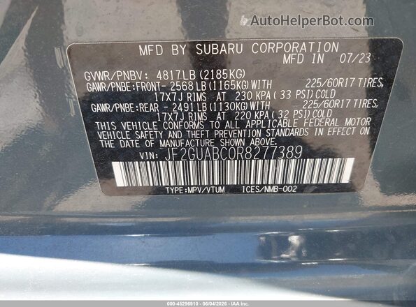 JF2GUABC0R8277389 2024 SUBARU CROSSTREK Blue 