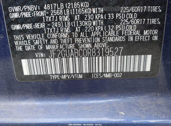 JF2GUABC0R8319527 2024 SUBARU CROSSTREK Синий Вид наклейки с VIN-кодом