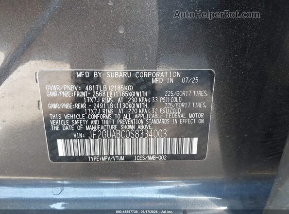 JF2GUABC0S8334003 2025 SUBARU CROSSTREK Серый Вид подкапотного пространства