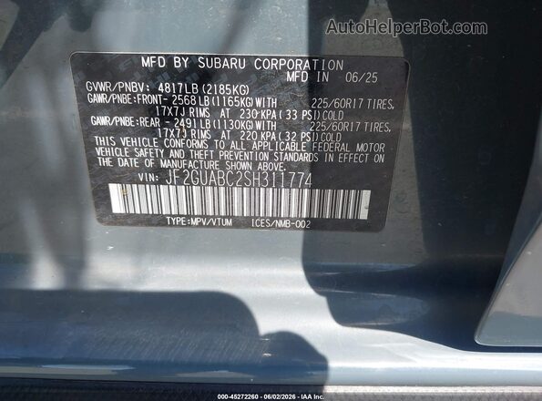 JF2GUABC2SH311774 2025 SUBARU CROSSTREK Blue Вид підкапотного простору