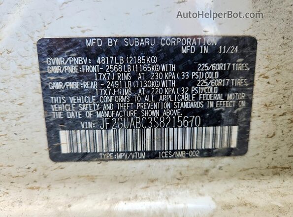 JF2GUABC3S8215670 2025 SUBARU CROSSTREK White Engine compartment view