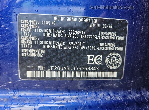 JF2GUABC3S8258843 2025 SUBARU CROSSTREK Blue VIN կոդի պիտակի տեսք