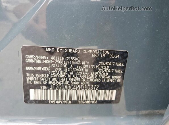JF2GUABC4RH360372 2024 SUBARU CROSSTREK Blue VIN კოდის სტიკერის ხედი