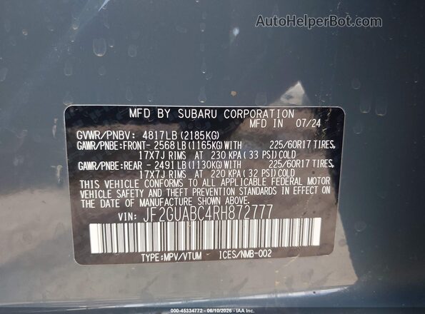 JF2GUABC4RH872777 2024 SUBARU CROSSTREK Blue Widok komory silnika