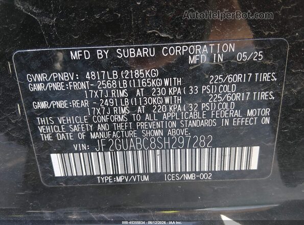 JF2GUABC8SH297282 2025 SUBARU CROSSTREK Black Շարժիչի բաժամունքի տեսք