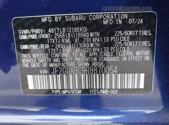 JF2GUABC9R8870054 2024 SUBARU CROSSTREK Blue Widok komory silnika
