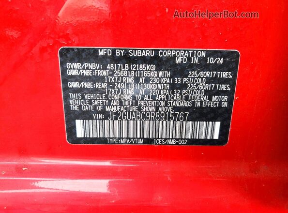 JF2GUABC9R8915767 2024 SUBARU CROSSTREK Красный Вид наклейки с VIN-кодом