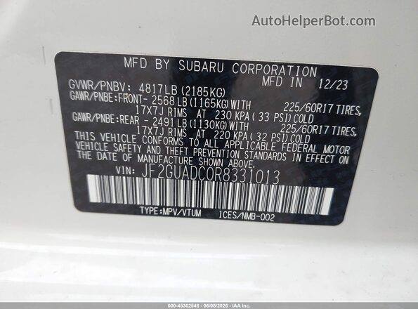 JF2GUADC0R8331013 2024 SUBARU CROSSTREK White ძრავის განყოფილების ხედი
