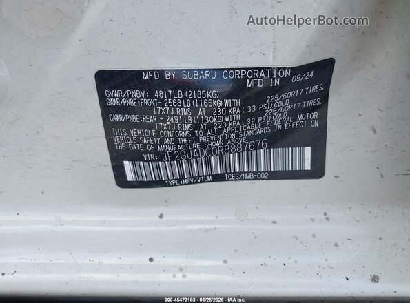 JF2GUADC0R8887676 2024 SUBARU CROSSTREK White Engine compartment view