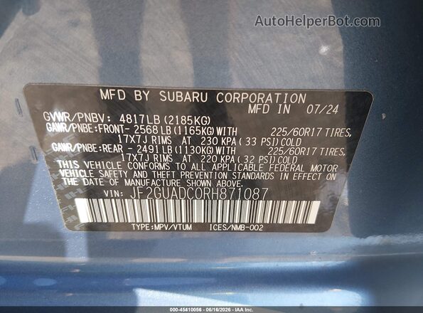 JF2GUADC0RH871087 2024 SUBARU CROSSTREK Blue Engine compartment view
