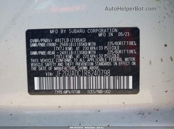 JF2GUADC1R8240798 2024 SUBARU CROSSTREK Белый Вид подкапотного пространства
