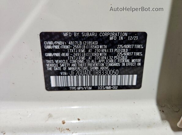 JF2GUADC1R8330050 2024 SUBARU CROSSTREK White Widok naklejki z numerem VIN