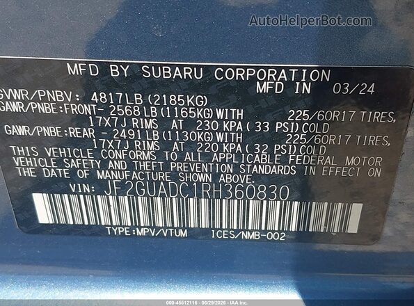 JF2GUADC1RH360830 2024 SUBARU CROSSTREK Blue ძრავის განყოფილების ხედი