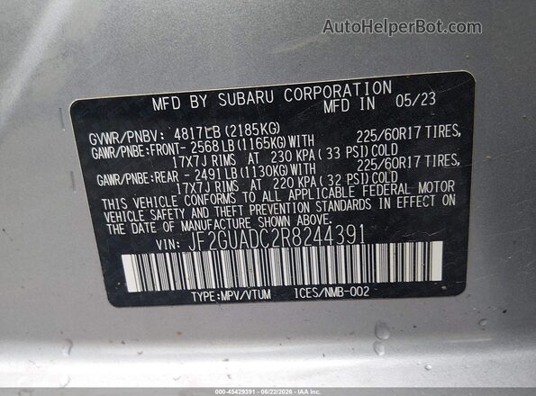 JF2GUADC2R8244391 2024 SUBARU CROSSTREK Серебряный Вид подкапотного пространства