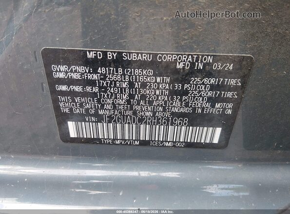 JF2GUADC2RH361968 2024 SUBARU CROSSTREK Gray ძრავის განყოფილების ხედი