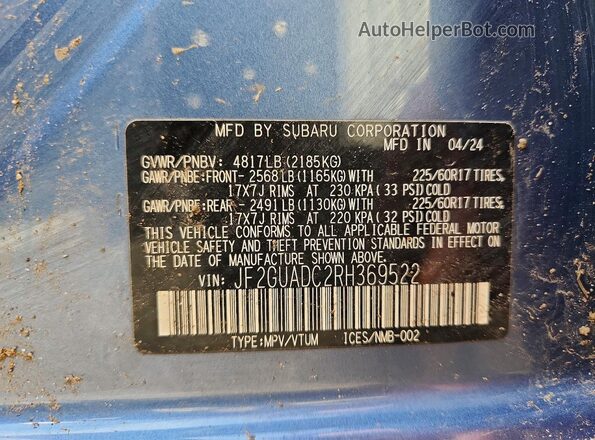JF2GUADC2RH369522 2024 SUBARU CROSSTREK Blue Vista de la etiqueta del VIN