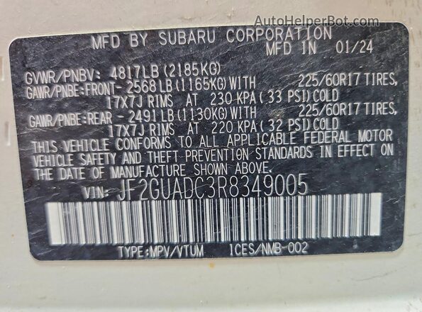 JF2GUADC3R8349005 2024 SUBARU CROSSTREK White Вид підкапотного простору