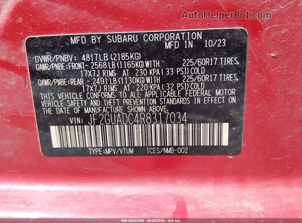 JF2GUADC4R8317034 2024 SUBARU CROSSTREK Red Engine compartment view