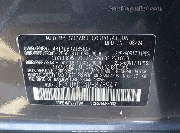 JF2GUADC4R8878947 2024 SUBARU CROSSTREK Gray Vista del compartimento del motor