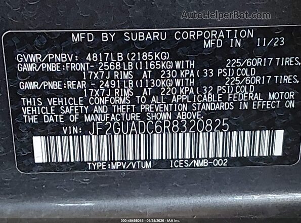 JF2GUADC6R8320825 2024 SUBARU CROSSTREK Gray ძრავის განყოფილების ხედი