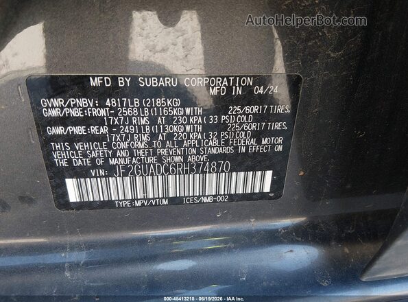 JF2GUADC6RH374870 2024 SUBARU CROSSTREK Gray Engine compartment view