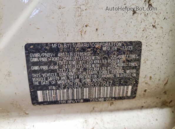 JF2GUADC7R8327847 2024 SUBARU CROSSTREK White VIN sticker view