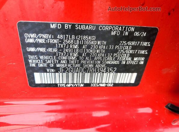 JF2GUADC7RH394352 2024 SUBARU CROSSTREK Red VIN sticker view