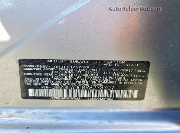 JF2GUADC8R8278397 2024 SUBARU CROSSTREK Silver Widok naklejki z numerem VIN